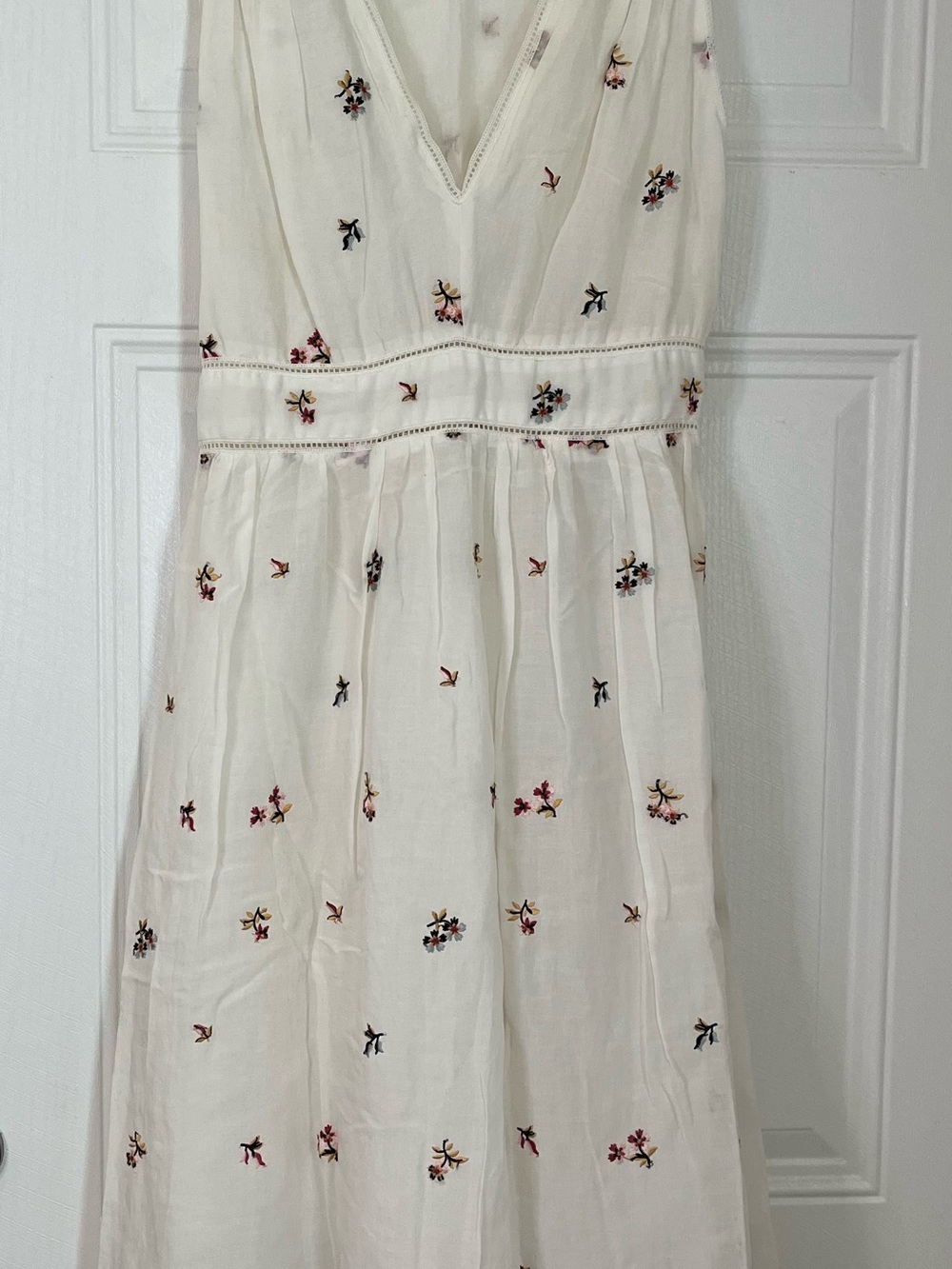 Women's Cream Embroidered Midi Dress - Elegant Floral Detail